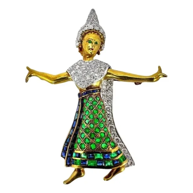 Thai Classical Dancer Brooch w/Emeralds, Sapphires and Diamonds