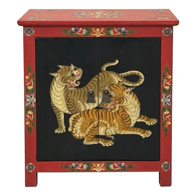 Tibetan Oriental Black Red Tigers Graphic End Table Nightstand