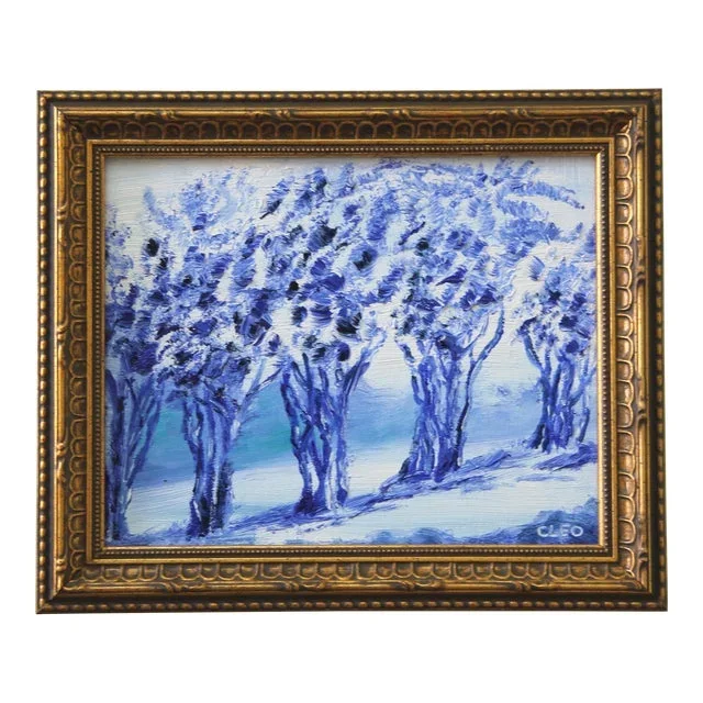 Trees Botanical Hedgerow Blue and White Impressionist Abstract Chinoiserie Original Oil Painting by Cleo Plowden