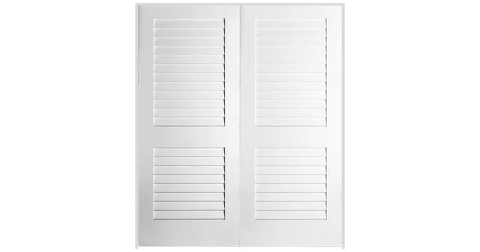 Trimlite 68″ W x 84″ H Plantation Full Louver Primed Solid Core 6-9/16″ Jamb Interior Pre Hung Passage Door with Satin Nickel Hinges