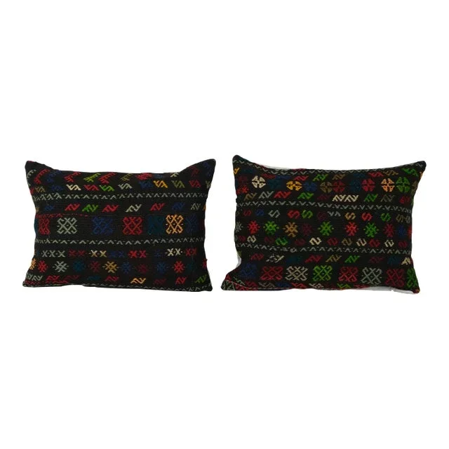 Turkish Kilim Pillow, Set Bohemian Kilim Pillow, Tribal Accent Pillow, Turkey Pillow, Cushion Cover, Pair Lumbar Cushion Cover 18” X 24”