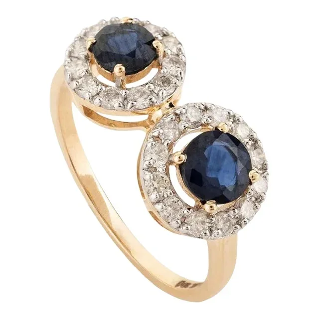 Two Stone Blue Sapphire Diamond Halo Ring Size 7 (All Sizes Available)