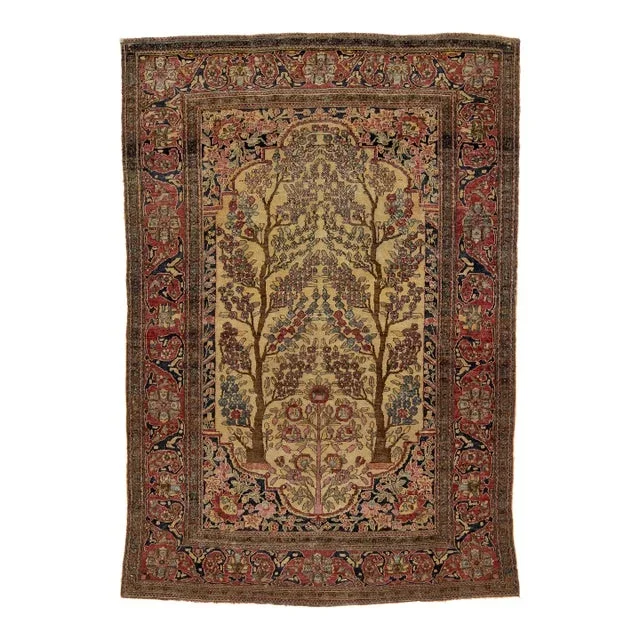 Unique Handmade Antique Persian Isfahan Wool Rug in Tan With Allover Design