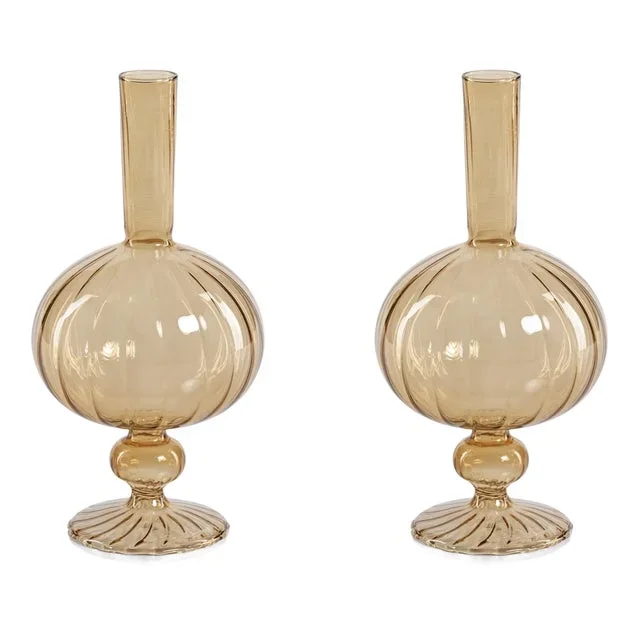 Vellum 2-Piece Set Small Light Amber Spiral Glass Vases, Onion Shape