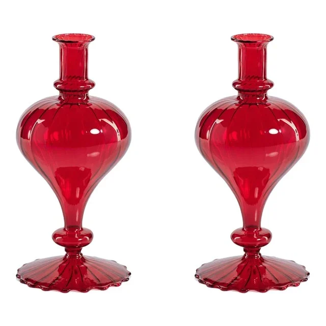 Vellum 2-Piece Set Small Red Spiral Glass Vases, Turnip Shape