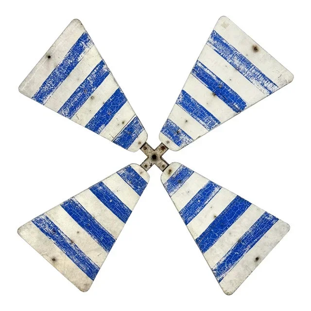 Vintage 1950s Primitive Wooden Windmill Fan Blade Distressed Painted White & Blue Striped Wood