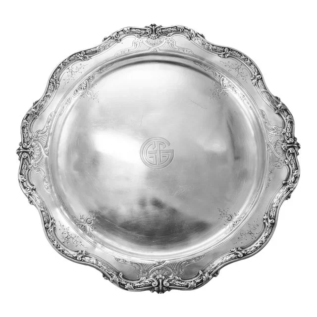 Vintage 925 Sterling Silver Round 3d Floral Platter Tray