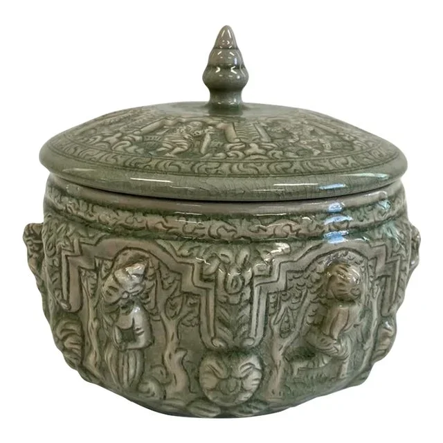 Vintage Asian Celadon Pot With Lid – Relief Figural Motif Covered Jar