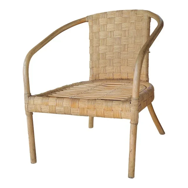 Vintage Bamboo and Rattan Armchair With Woven Checker Pattern Back in the Style of Audoux-Minet, France