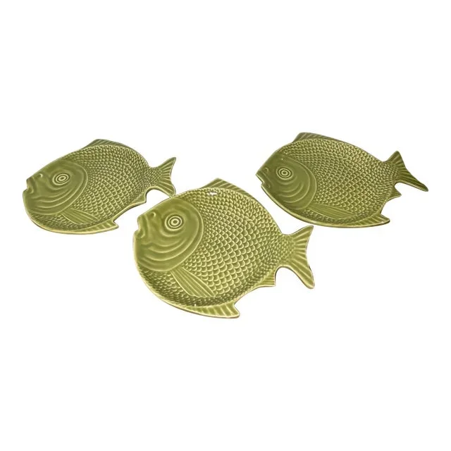 Vintage Bordalo Green Pinheiro Fish Plates-Set of 3