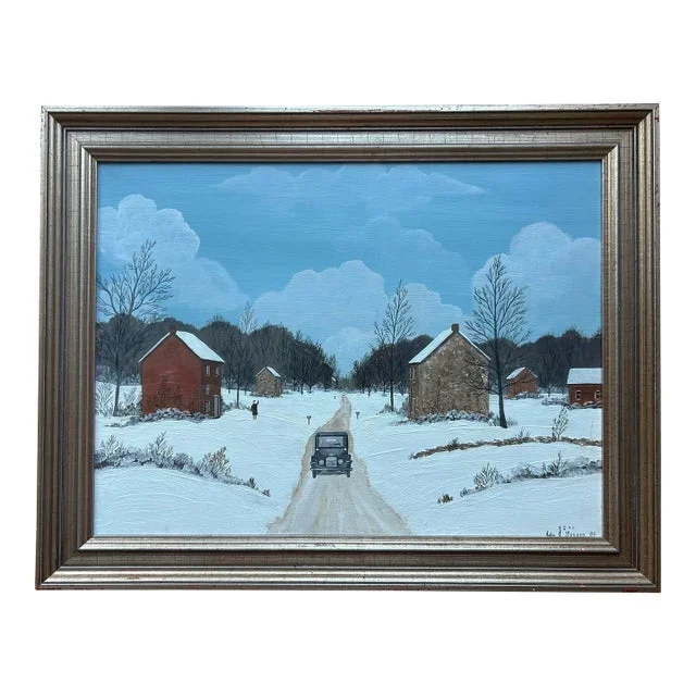 Vintage Bucks County Pa Folk Art Landscape Farm Snow Scene Framed Painting