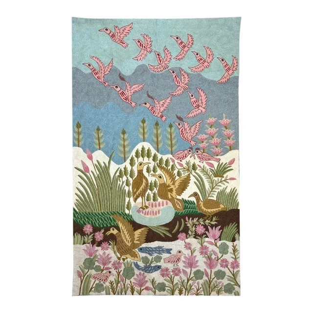 Vintage Folk Art Crewel Embroidery Wall Hanging Landscape With Birds