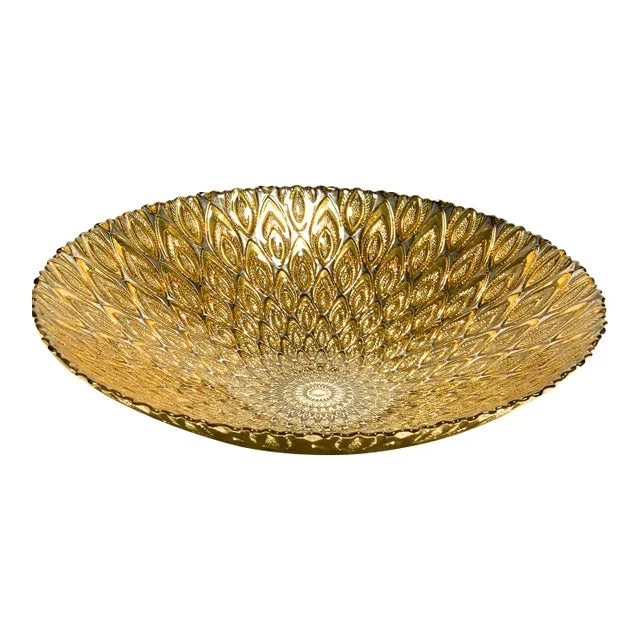 Vintage Gold Peacock Pattern Glass Decorative Centerpiece Bowl