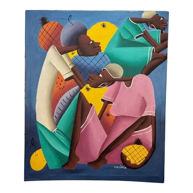Vintage Haitian Abstract Figural Oil on Canvas Painting by Laurent Casimir
