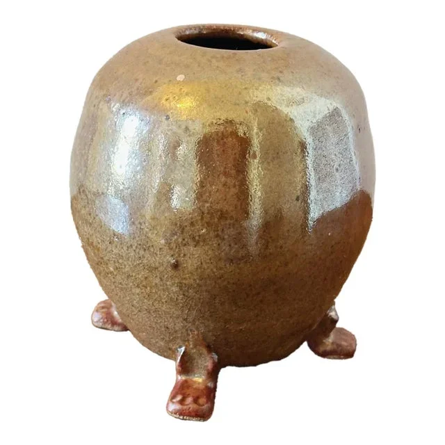 Vintage Hand Thrown Footed Pottery Vase in Iridescent Glaze