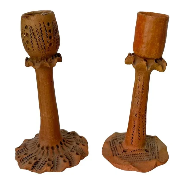 Vintage Handmade Clay Candle Holder – A Pair