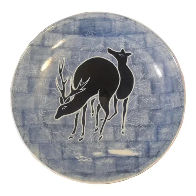 Vintage Mid 20th Century Japanese Aoki Brothers Company Arita Porcelain Deer Motif Charger Plate