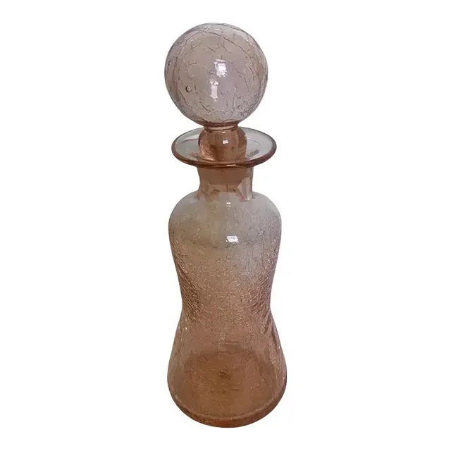 Vintage Mid Century Modern Rainbow Blown Glass Decanter With Stopper Pink Rose Crackle Bottle, 1960s