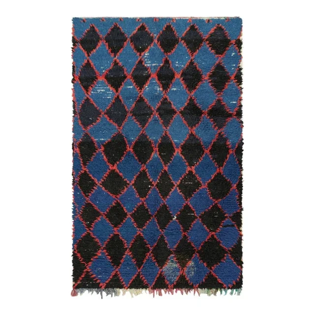 Vintage Moroccan Rug in Black, Blue and Red Diamond Patterns, From Rug & Kilim