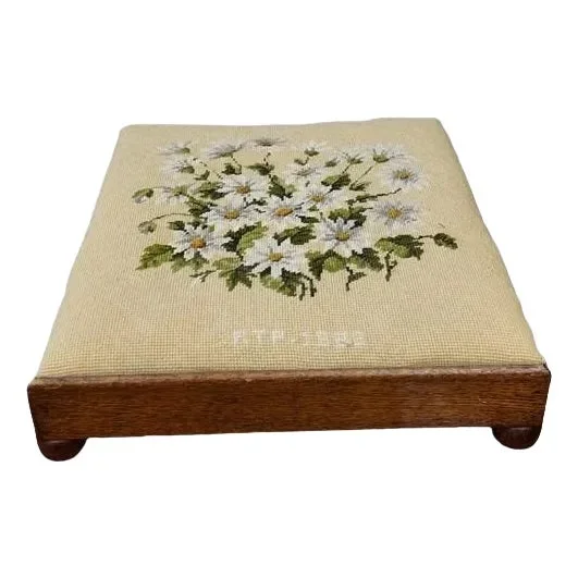 Vintage Needlepoint Footstool With Daisies, Signed 1983