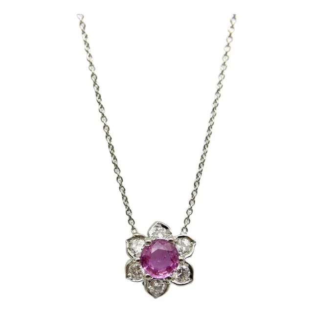 Vintage Platinum Pink Sapphire and Diamond Necklace