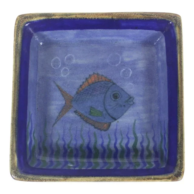 Vintage Signed D’Casa Handmade Square Pottery Fish Dish Plate