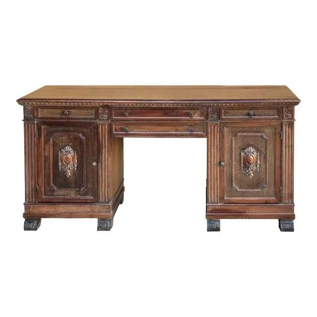 Vintage Traditional Single Plank Wood Top Carving Desk Console Table Cabinet