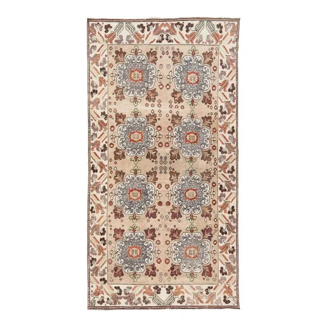 Vintage Turkish Kars Peach Wool Rug Handmade With Floral Pattern