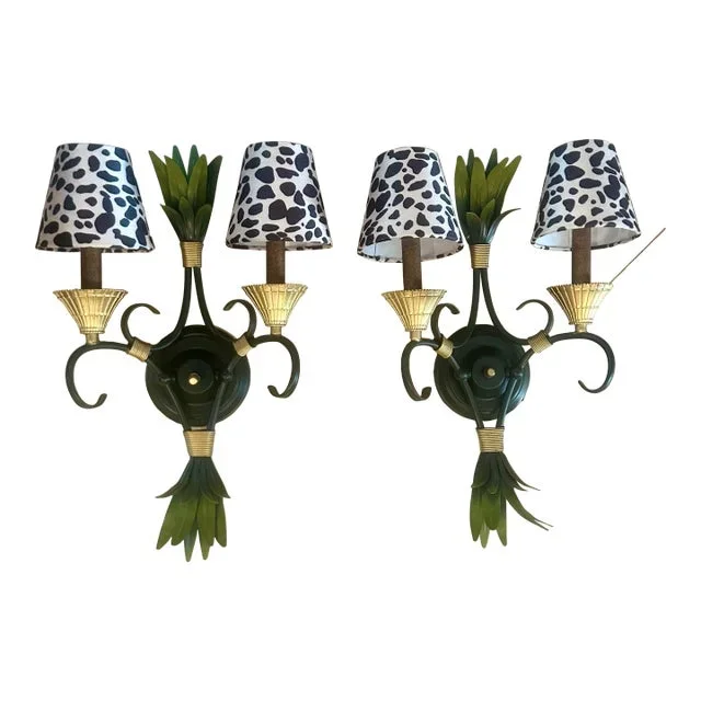 Vintage Wall Sconces With Leopard Shades – a Pair