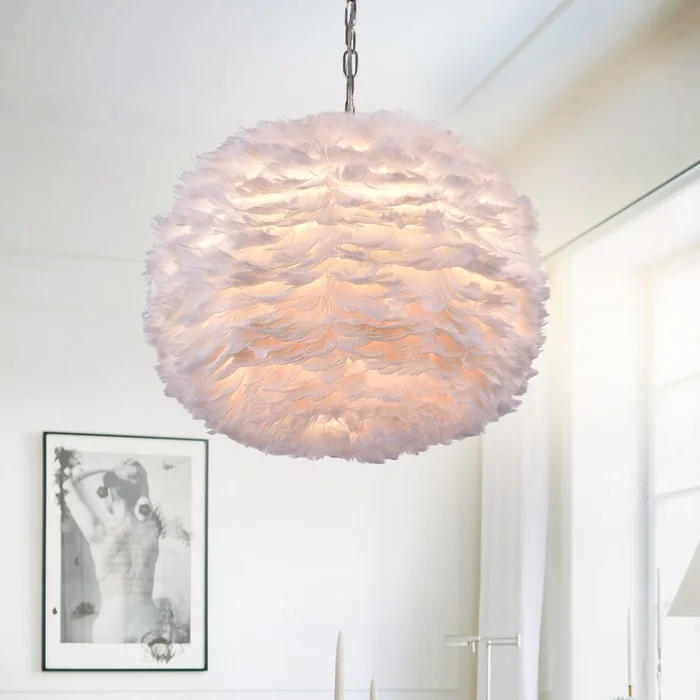 Warehouse of Tiffany Life White Feather and Chrome 18-inch Pendant Lamp