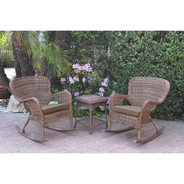 Weather-Resistant Wicker Rocker Chair and End Table Set with Thick Cushions